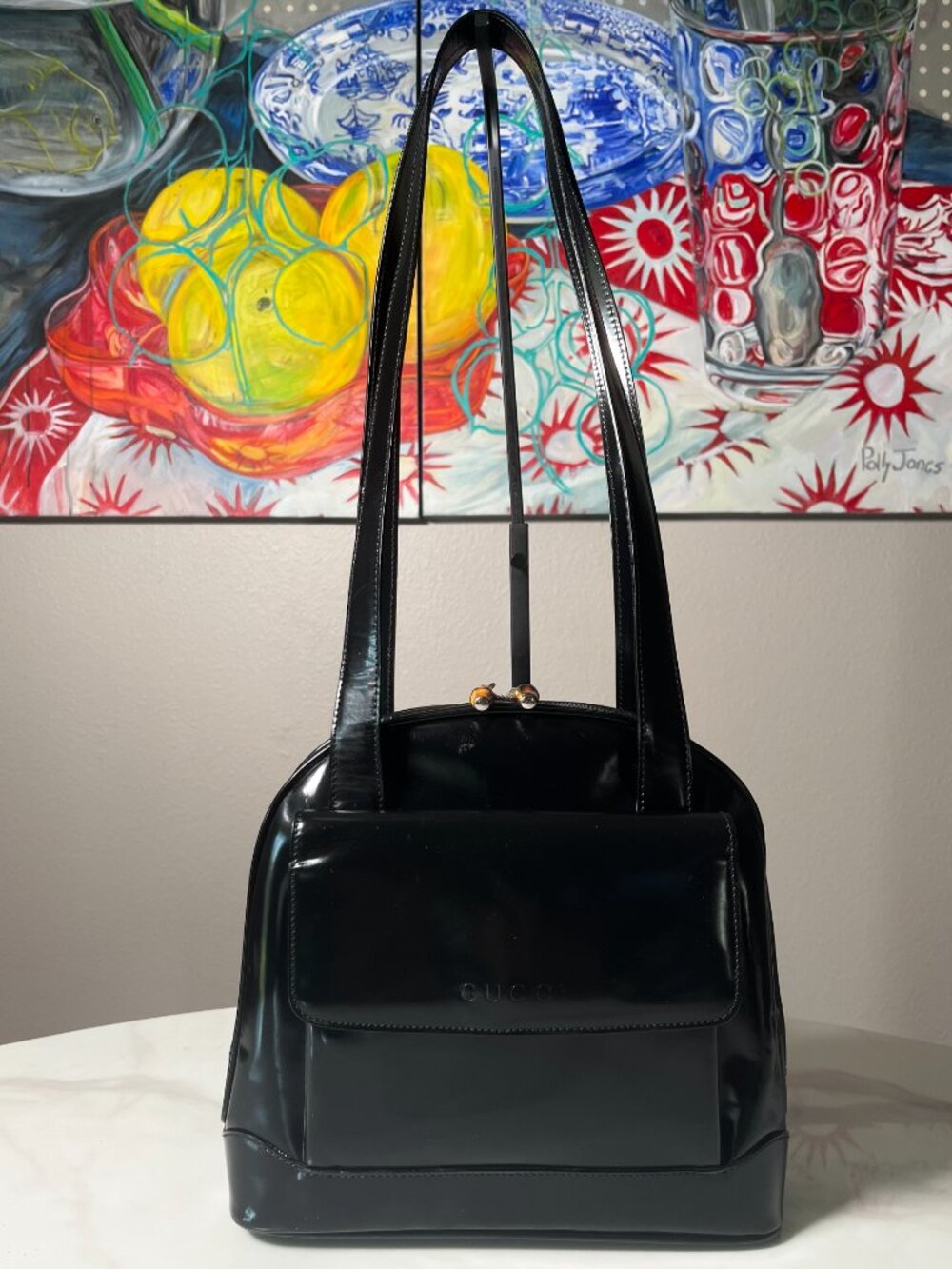 Gucci Tom Ford Vintage Bamboo Zip Black Patent Leather RARE Shoulder Bag